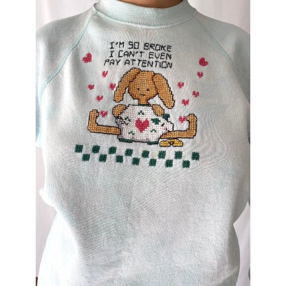 90s vintage animal bunny graphic funny quote cross stitch crewneck sweatshirt - Picture 6 of 7